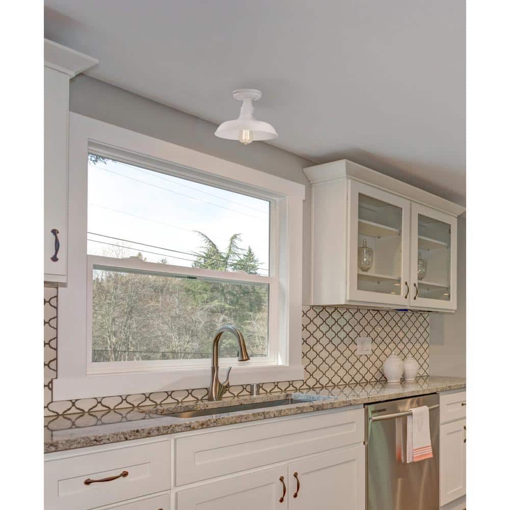Antique White Glass Semi-Flush Ceiling Light with Steel Shade