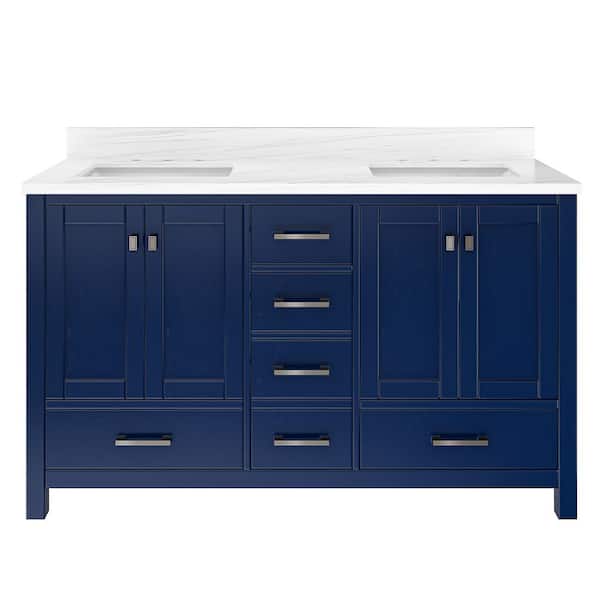 VANITYFUS Solid Wood 60 in. W x 22 in. D x 39.3 in. H Double Sinks Bath Vanity in Navy Blue with Carrara White Natural Marble Top