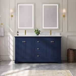 Avery 60in.Wx22 in.D Double Vanity in Dark Blue with Cultured Marble Vanity Top in Light-Vein Carrara with White Basins