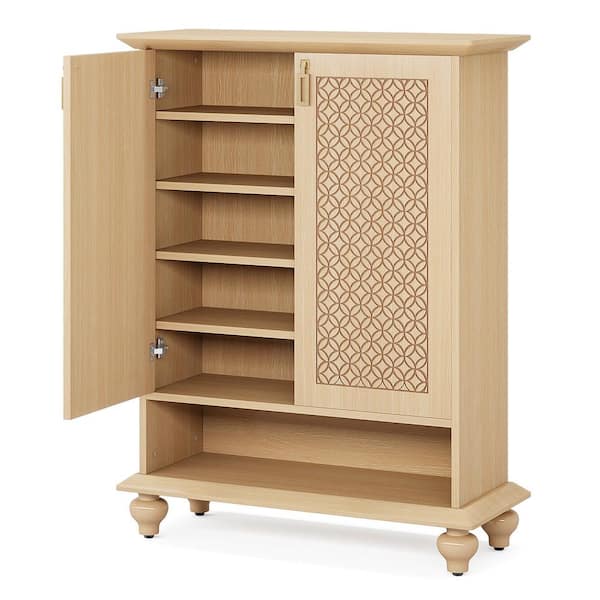 BYBLIGHT 45.67 in. H x 33.46 in. Natural 24-Pair Shoe Storage Cabinet with Doors, Shoe Cabinet with Solid Wood Legs for Entryway