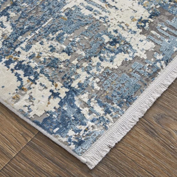 3 X 10 Ivory, Tan, Blue Abstract Runner Rug