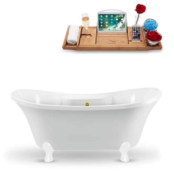 Streamline 60 in. Acrylic Clawfoot Non-Whirlpool Bathtub in Glossy White With Glossy White Clawfeet And Polished Gold Drain