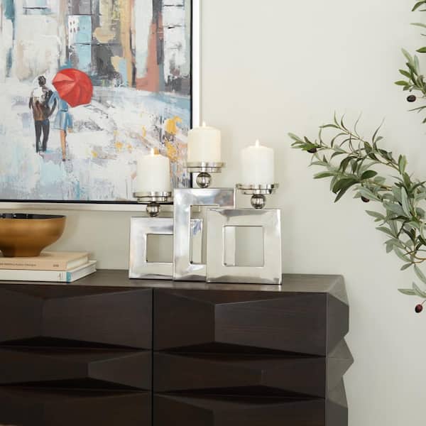 PRIVATE BRAND UNBRANDED 11 in. H Silver Stainless Steel Pillar 3 Plate Candle Holder