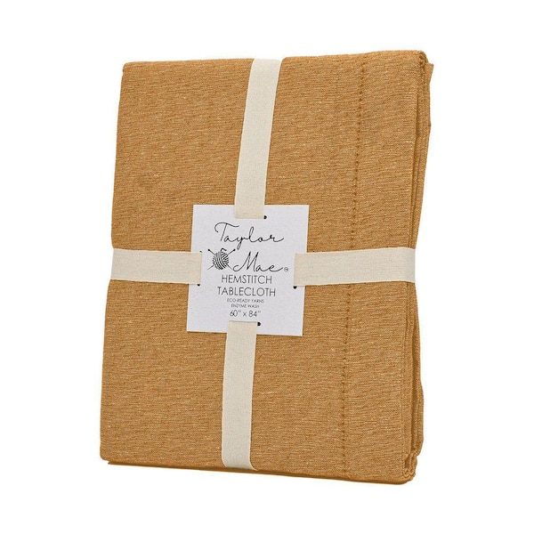 Brittany Hemstitch 60 in. W x 102 in L Gold Solid Cotton Rich Tablecloth