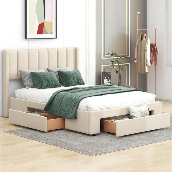 Polibi Beige Wood Frame Full Size Upholstered Platform Bed with 3-Drawers