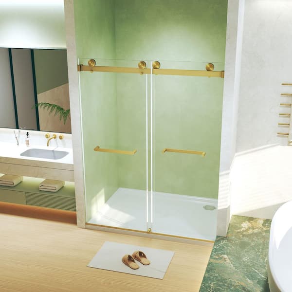 Lucy 60 in. W x 74 in. H Frameless Double Sliding Shower Door in Brushed Gold with Clear Tempered Glass