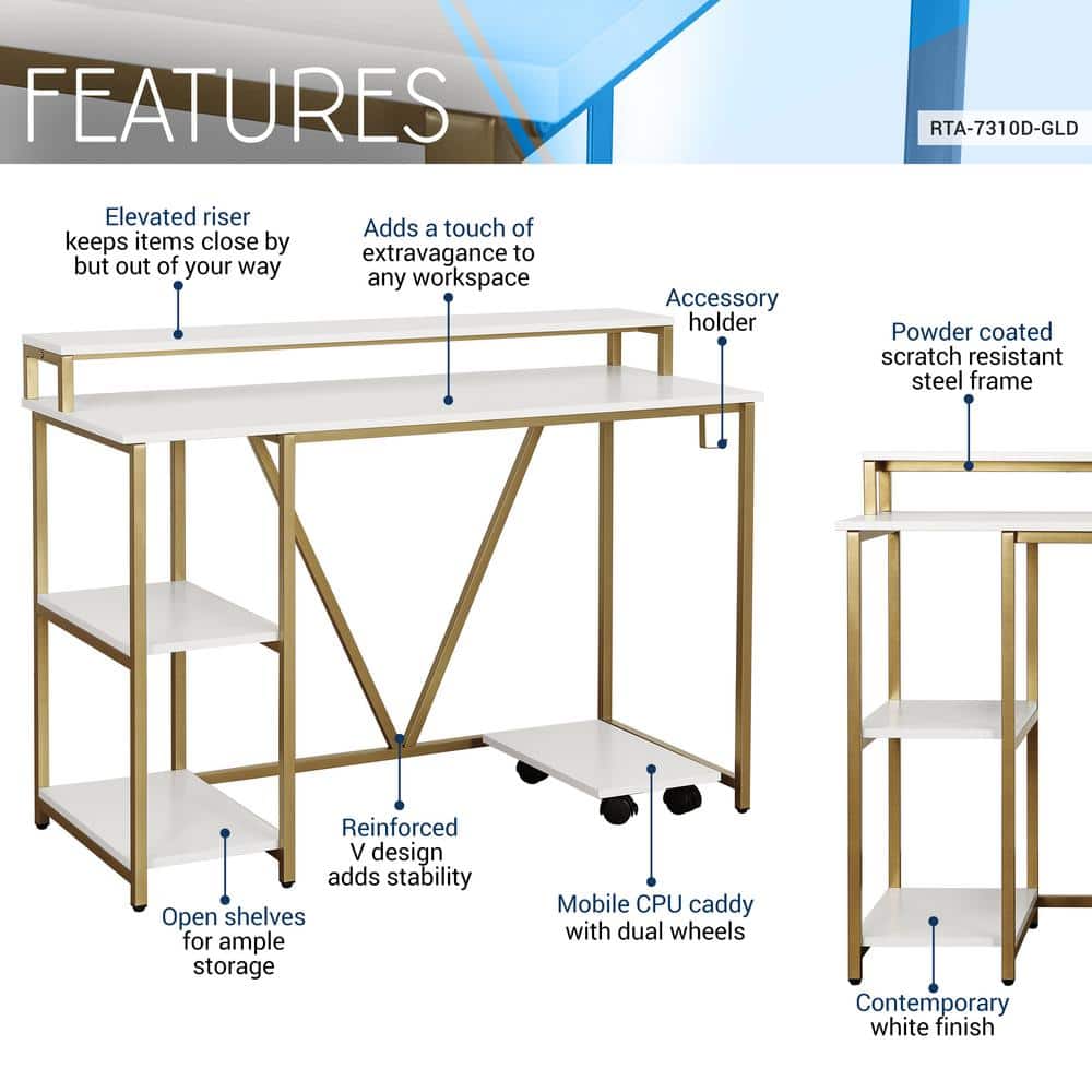 Modern Industrial Gold and Wood Writing Desk with Elevated Shelves