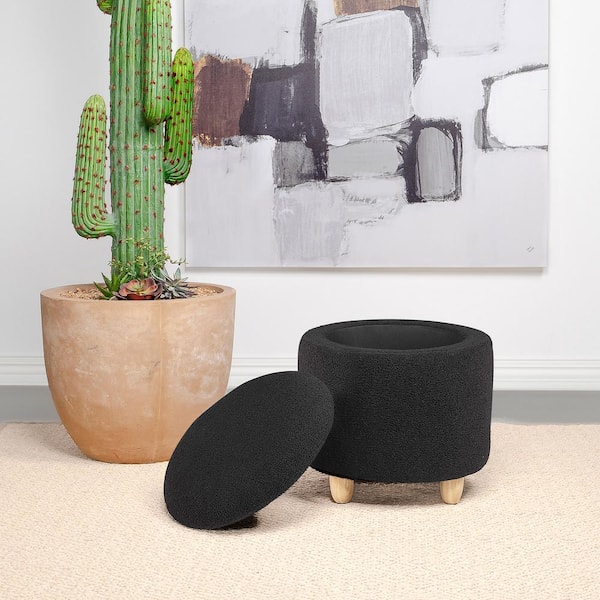 Coaster Valia Black and Natural Brown Faux Fabric Sheepskin Upholstered Round Storage Ottoman