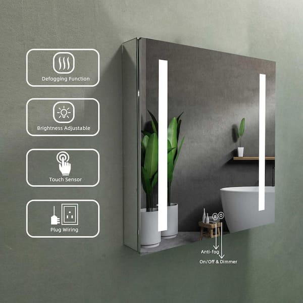 Unbranded Erie 24 in. W x 26 in. H Rectangular Silver Aluminum Recessed Surface Mount LED Medicine Cabinet with Mirror