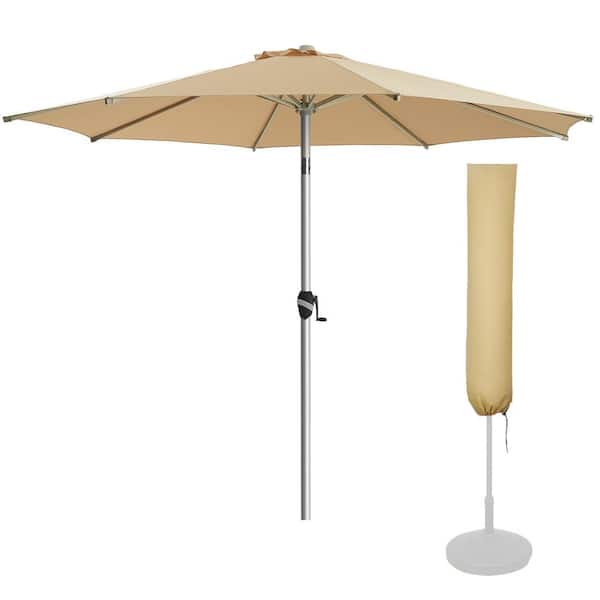 PASAMIC 9 Ft. Aluminum Patio Umbrella, 5-YEAR Fade-Resistant Market Umbrella with Push Button Tilt and Cover in Beige
