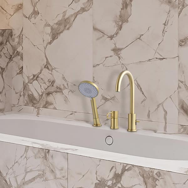 Tomfaucet Single-Handle Deck-Mount Roman Tub Faucets, Bathroom Tub Filler Faucets with Handheld in. Brushed Gold