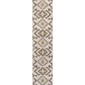 Sumak Brown/Ivory 2 ft. x 10 ft. High-Low Pile Neutral Diamond Kilim Indoor/Outdoor Area Rug