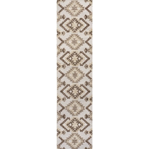 Sumak Brown/Ivory 2 ft. x 10 ft. High-Low Pile Neutral Diamond Kilim Indoor/Outdoor Area Rug