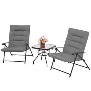 Black 3-Piece Folding Metal Outdoor Bistro Set with Padded Gray Cushions