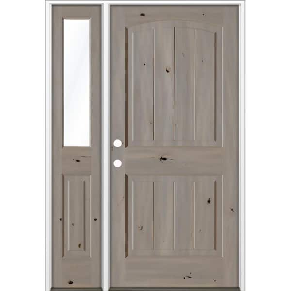 44 in. x 80 in. Knotty Alder Arch Top Righthand/Inswing Clear Glass BEHR Weather Gray Stain Wood Prehung Front Door LHSL