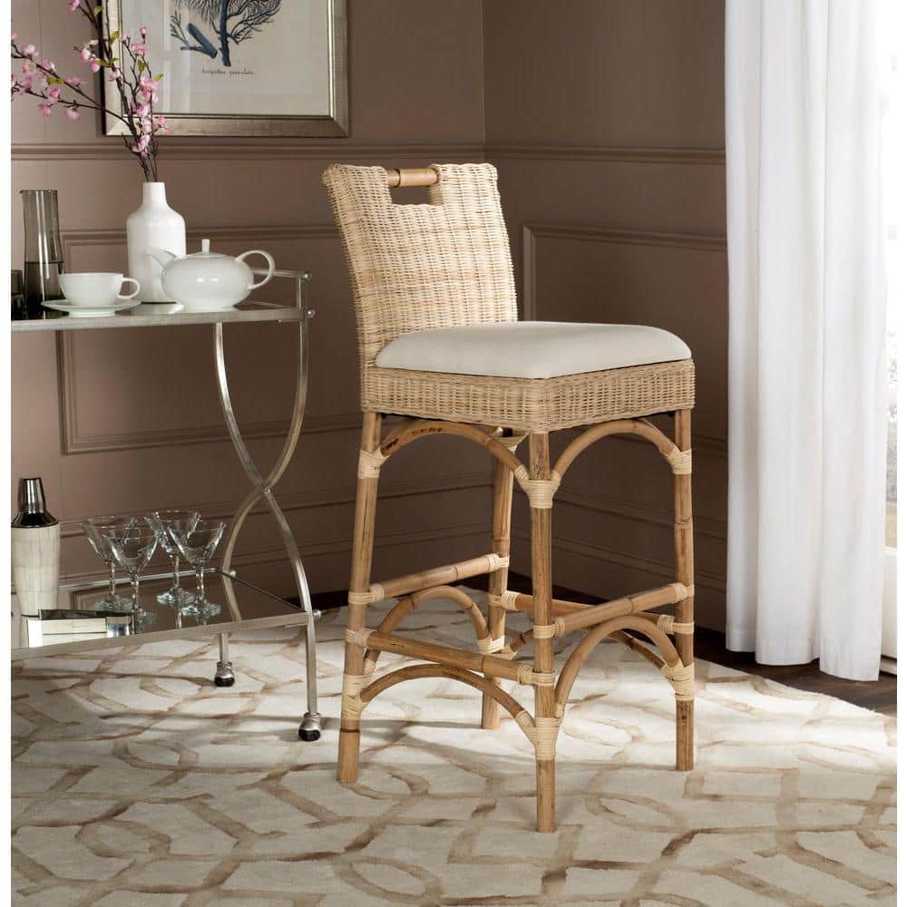 Natural Rattan and Bamboo Boho Bar Stool with Cushion