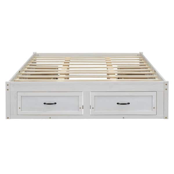 Rustic Antique White Wood Frame Queen Platform Bed with 6 Storage Drawers