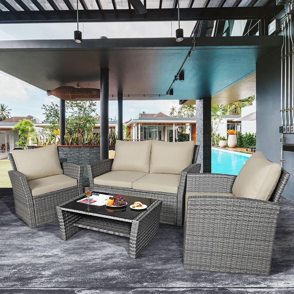Khaki Cushioned 4-Piece Rattan Patio Conversation Set