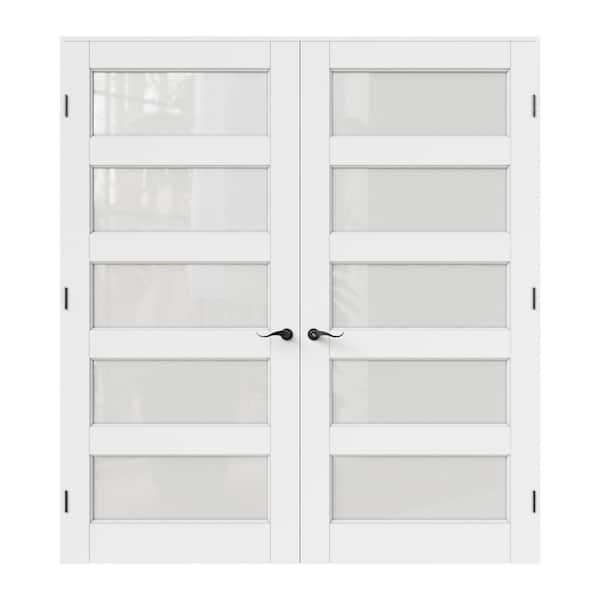72 in. x 80 in. Universal 5-Lite Frosted Glass White Solid Core Wood Double Prehung French Door with Quick Assemble Jamb