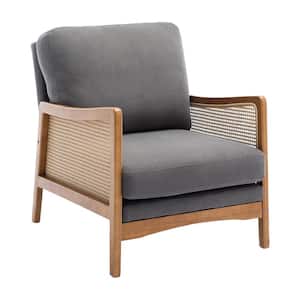 Modern Upholstered Gray Velvet Accent Arm Chair with Wood Legs and Rattan Armrest