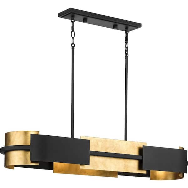 Progress Lighting Lowery Collection 4-Light Textured Black Industrial Luxe Linear Chandelier with Distressed Gold Leaf Accent