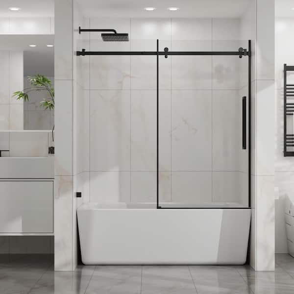 56 in. - 60 in. W x 58 in. H Frameless Sliding Tub Door with 1/4 in. SGCC Clear Tempered Glass in Matte Black