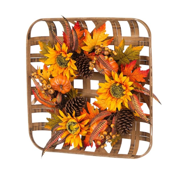 Glitzhome 24 in. L x 24 in. W x 6.3 in. H Bamboo Tobacco Basket with Sunflower Wreath