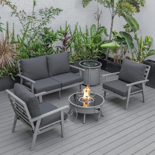 Leisuremod Walbrooke Grey 5-Piece Aluminum Round Patio Fire Pit Set with Charcoal Cushions and Tank Holder