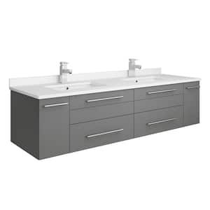 Lucera 60 in. W Wall Hung Bath Vanity in Gray with Quartz Stone Double Sink Vanity Top in White with White Basins