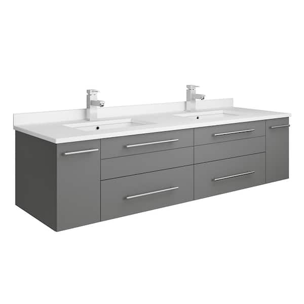 Fresca Lucera 60 in. W Wall Hung Bath Vanity in Gray with Quartz Stone Double Sink Vanity Top in White with White Basins