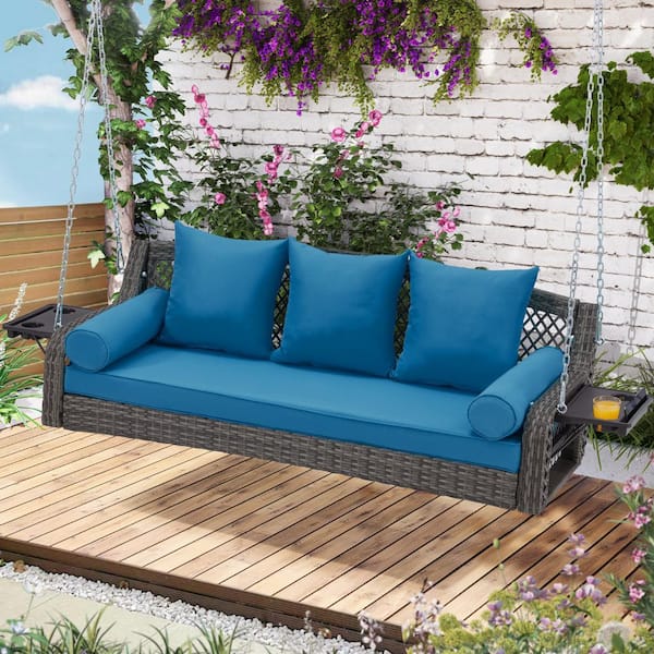 3-Person Wicker Porch Swing with Cup Holders and Navy Blue Cushions, Yard Swing with Chains for Deck Garden Backyard