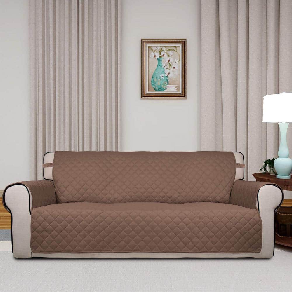 Brown and Beige Polyester Sofa Slipcover Reversible Quilted Sofa Cover, wit