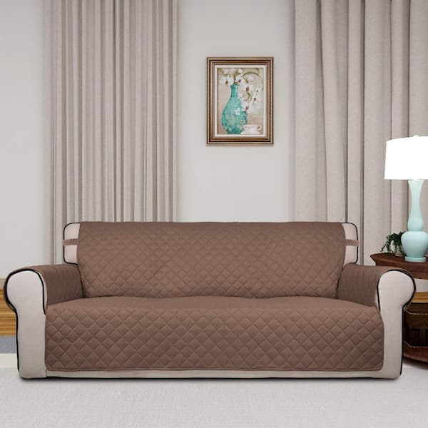 Angel Sar Brown and Beige Polyester Sofa Slipcover Reversible Quilted Sofa Cover, with Non-Slip Foam and Elastic Straps
