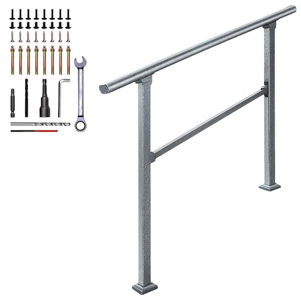 49-Galvanized Steel Handrail for Outdoor Steps 4-Step Stair Railing Silver on Black Easy Install Adjustable Angle
