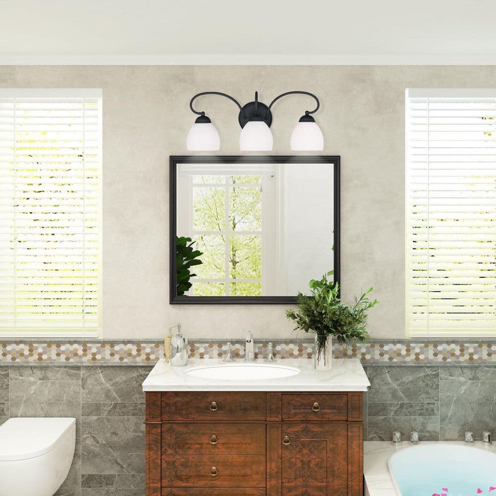 Brookside Transitional 3-Light Vanity in Black with Satin Opal White Glass