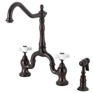 English Country Double-Handle Deck Mount Gooseneck Bridge Kitchen Faucet with Brass Sprayer in Oil Rubbed Bronze