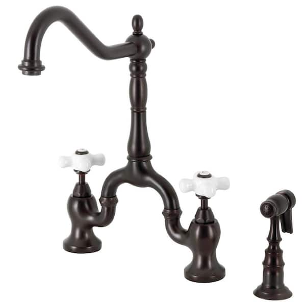 Kingston Brass English Country Double-Handle Deck Mount Gooseneck Bridge Kitchen Faucet with Brass Sprayer in Oil Rubbed Bronze