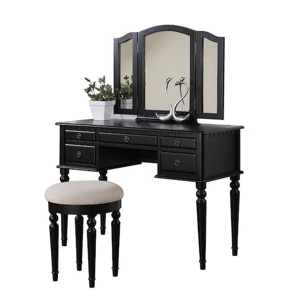 Benjara 3-Piece Black Makeup Vanity Set Featuring Stool and Mirror