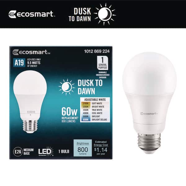 60-Watt Equivalent A19 Dimmable Dusk to Dawn LED Light Bulb with Selectable Color Temperature (1-Pack)