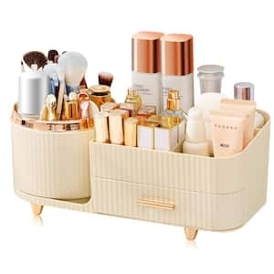 Rotating Vanity Organizer- 360° with Drawers, Large Capacity Makeup Storage, Skincare, Brushes, Lipstick Cream White