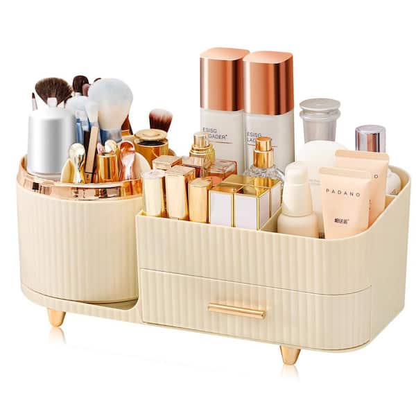 Adrinfly Rotating Vanity Organizer- 360° with Drawers, Large Capacity Makeup Storage, Skincare, Brushes, Lipstick Cream White