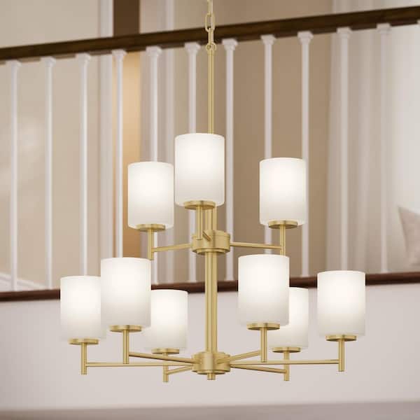 Replay 25.5 in. 9-Light Brushed Gold Chandelier with Etched Glass Shades