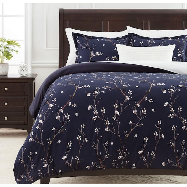 CHANASYA Chanasya Indigo Navy Sakura Cherry Blossom Print Microfiber Duvet Cover Set, Twin Size