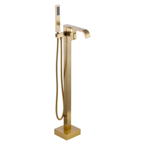 Single-Handle Freestanding Tub Faucet with Hand shower, Floor Mounted Tub Filler Faucet in Brushed Gold