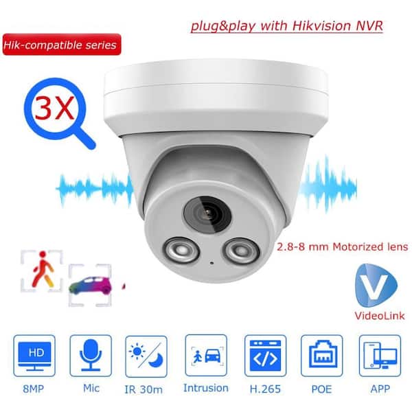 Lukyamzn Compatible 8MP 3X Zoom IP Security Camera Built-in Mic Human Vehicle Detection 8mm Lens Plug and Play NVR App White