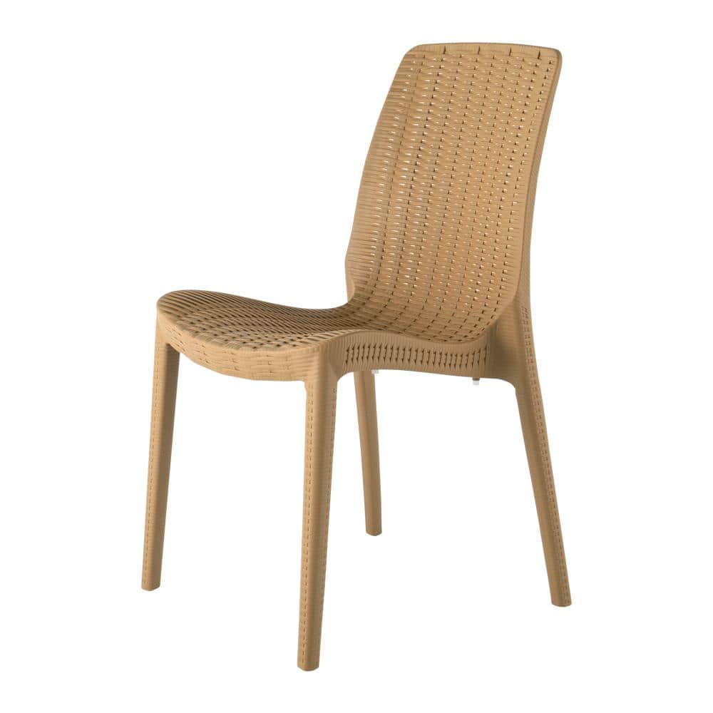 Tan Armless Rattan Outdoor Dining Chairs Set of Four