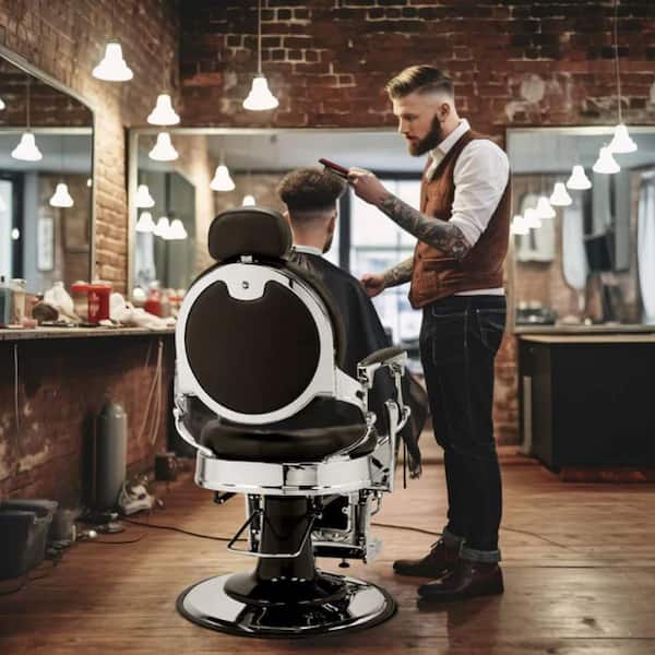 PVC Leather Aluminum Alloy Frame Extra Large Pump Disc with Towel Rack, Reclining 300lbs Barber Chair Black