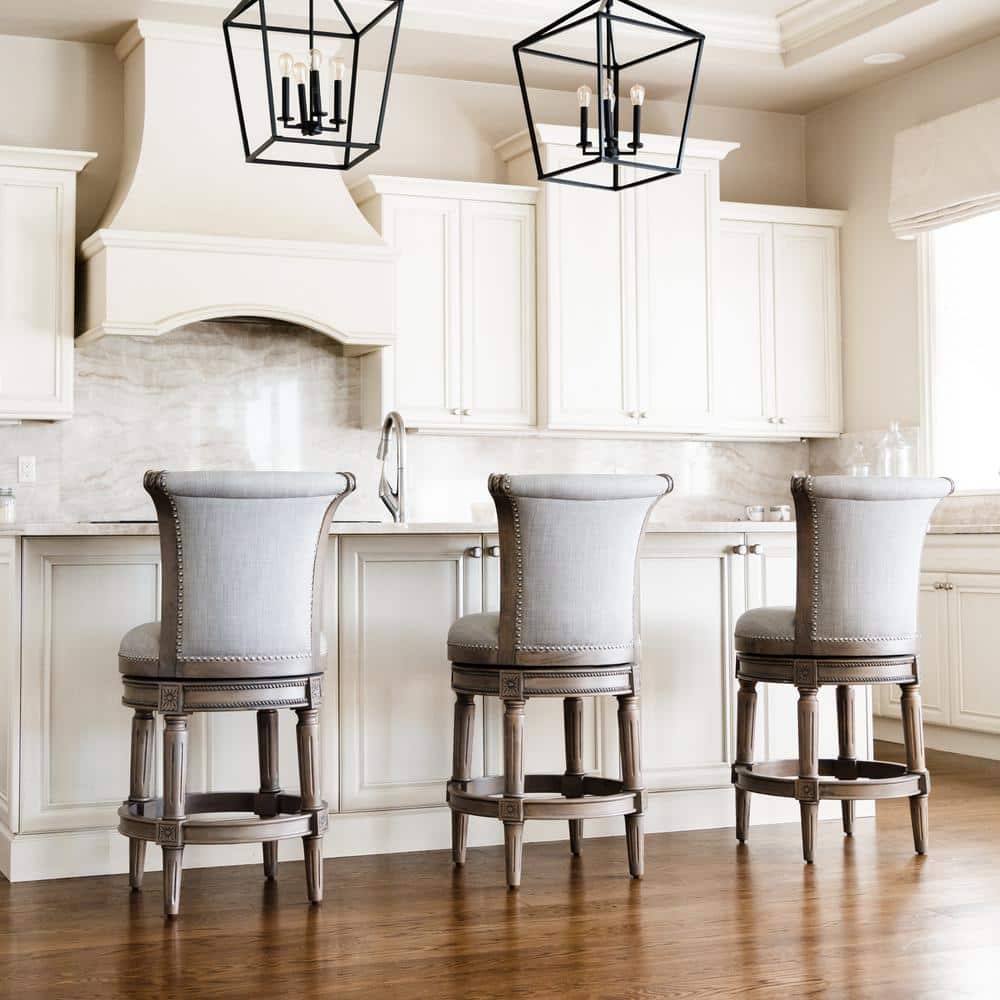 Gray High-Back Swivel Counter Stool with Oak Wood Frame