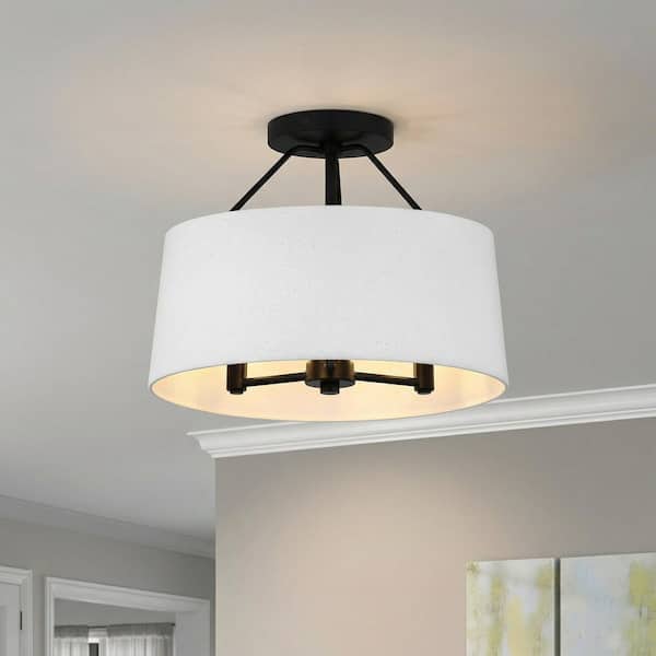 14 in. 3-Light Matte Black Semi-Flush Mount with Faux Concrete Metal Shade and No Bulbs Included