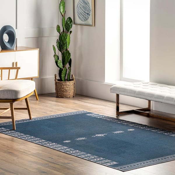 Arina Machine Washable Global Inspired Simplistic Tribal Navy 5 ft. x 8 ft. Indoor Area Rug
